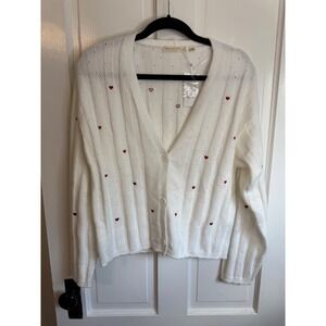 Uncharted Threads White Red Heart Pointelle Knit Cardigan Sweater Large NWT